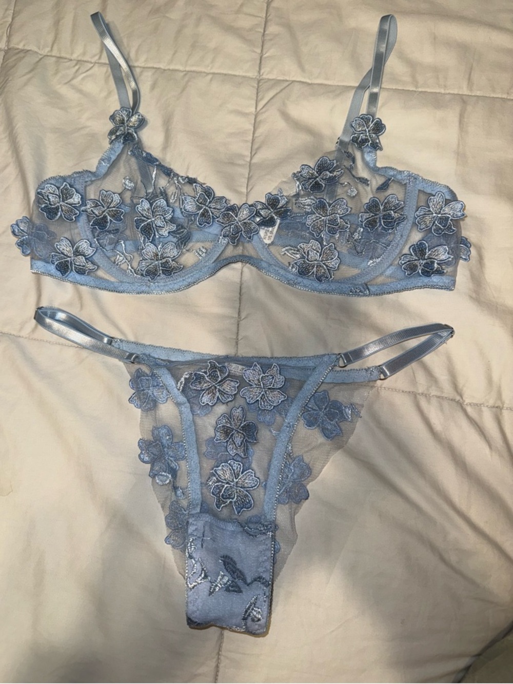 SHEIN Light Blue Floral Embroidered Lace Bralette & Thong Set